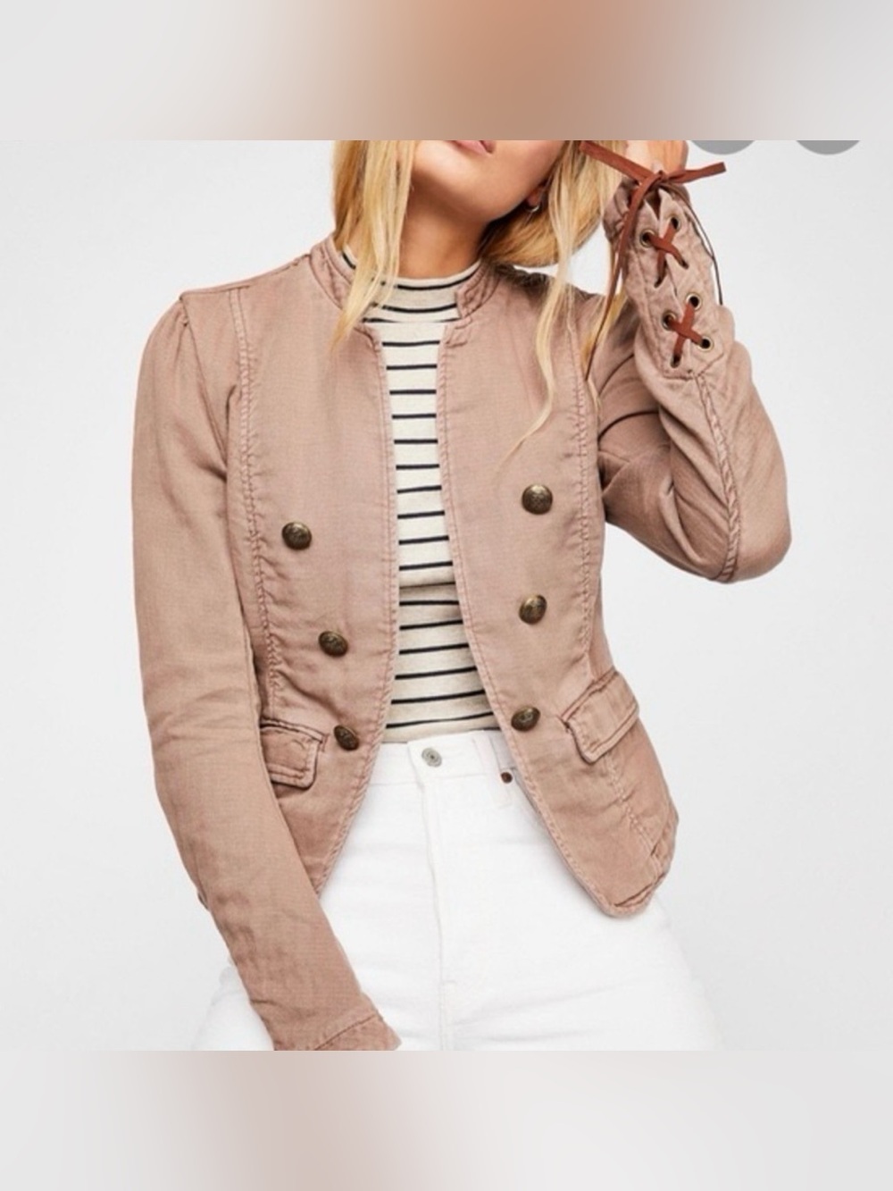 Free People Dusty Rose Military-Style Lace-Up Sleeve Blazer